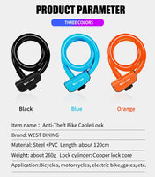 WEST BIKING Bicycle Cable Lock Anti-theft Lock With Keys 1.2M