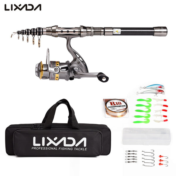Lixada Telescopic full kit fishing rod gear +spinning reel+ line lures hooks with bag